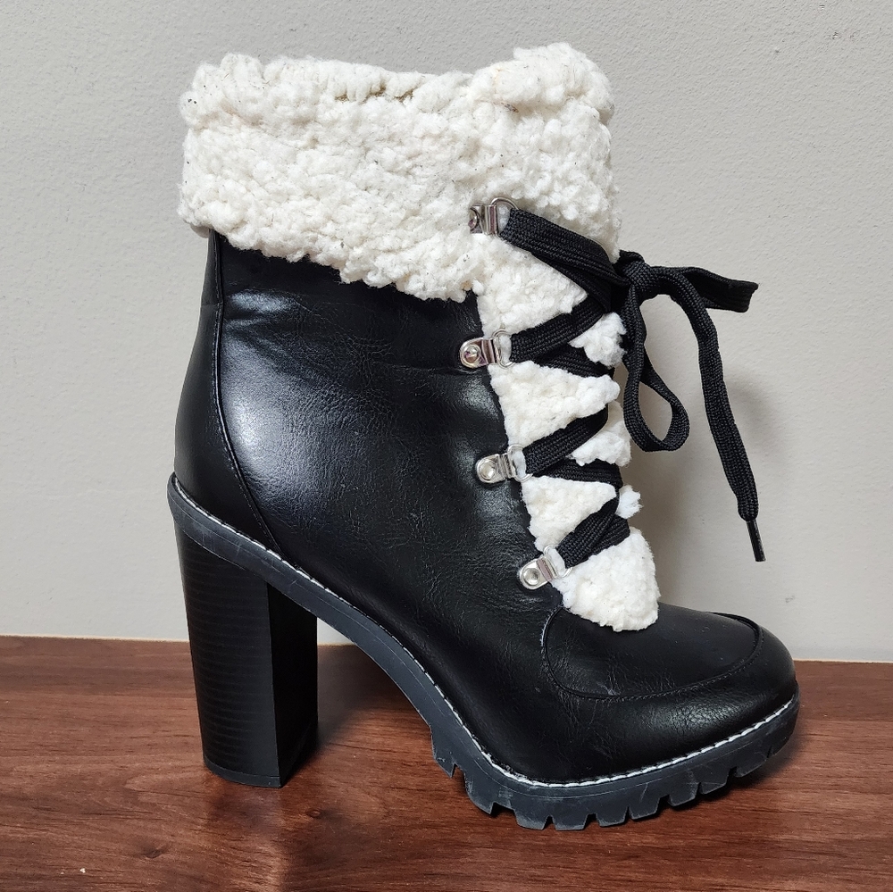 BCB Generation women's black leather faux fur heeled hiking boots size 9.5
